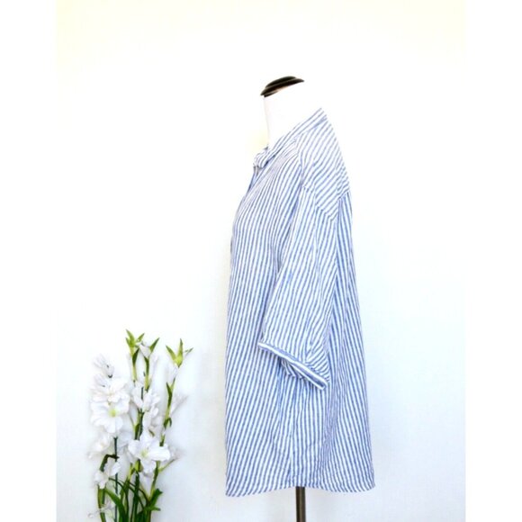NEW! BEACH LUNCH LOUNGE Striped Button Front Shirt Linen Blend Blue SZ L - Picture 2 of 6